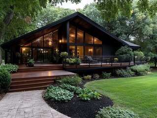 Fototapeta premium A house with a walkway leading to the front door and a deck