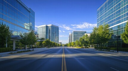 Fototapeta premium Empty city street lined with modern glass office buildings under a clear blue sky.