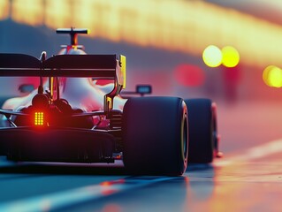 Formula 1 Car with Glowing Tail Light at Pit Lane During Sunset, Close-Up Rear View of Racing Vehicle in Intense Motorsport Moment