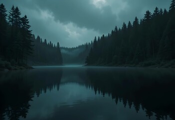 eerie gloomy lake, dark forest misty sky. mysterious night landscape, tranquil haunting mood. atmospheric shadowy. ideal for mystery, nature and dramatic projects.
