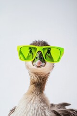 Fototapeta premium Duck wearing bright green sunglasses with playful expression isolated on white background, quirky pet fashion, animal personality, fun costume accessories.