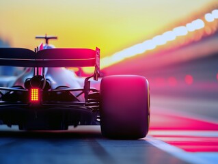 Formula 1 Car Exiting Pit Lane at Sunset with Glowing Tail Light, Rear View of High-Speed Racing Vehicle on Track in Motion Blur