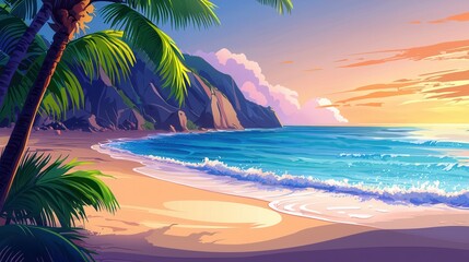 Obraz premium Serene Sunset Beach Scene Palm Trees Ocean Waves Sandy Shore