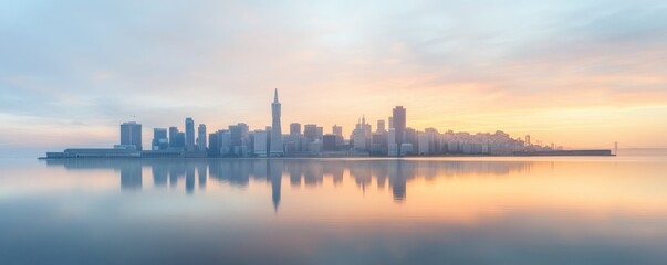 Naklejka premium A serene cityscape reflected in calm water during a colorful sunset