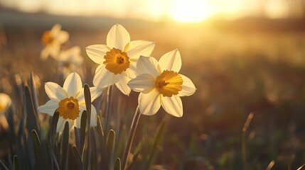 Obraz premium Golden daffodil flowers blooming in sunny meadow field during spring season