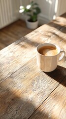 Freshly brewed cup of coffee placed on a wooden table with natural light and warm atmosphere