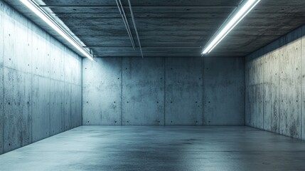 Empty, cold concrete room with fluorescent lights.