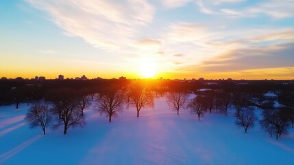 Obraz premium A serene winter sunset over a snowy landscape, featuring silhouetted trees against a colorful sky.