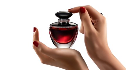 Woman hands holding red perfume bottle with transparent background