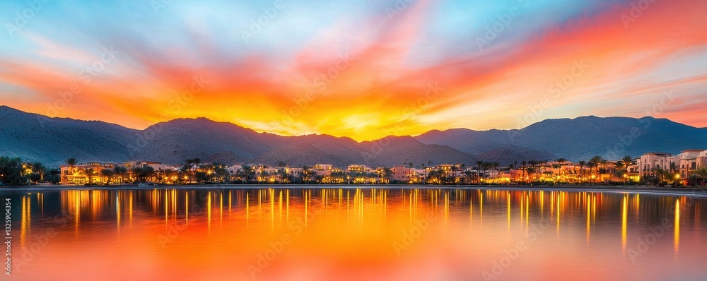 Poster a vibrant sunset over calm waters, reflecting colorful skies and mountains, creating a serene and pi