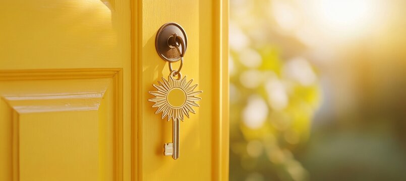 Golden key with sun design in yellow door lock.