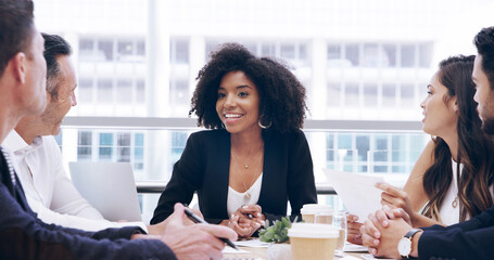 Manager, business people and leader in discussion for planning, brainstorming ideas and accounting. Teamwork, meeting or group collaboration for investment report, bookkeeping and financial strategy