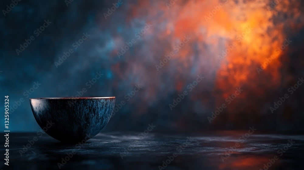 Poster empty dark bowl on moody background with smoke and fire.