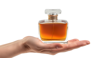 Woman hand holding perfume bottle with transparent background