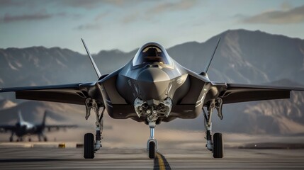Fototapeta premium Stealth Fighter Jet on Runway, Desert Mountains Background
