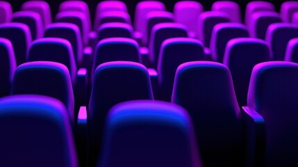 Fototapeta premium Rows of Empty Theater Seats Illuminated in Purple Light