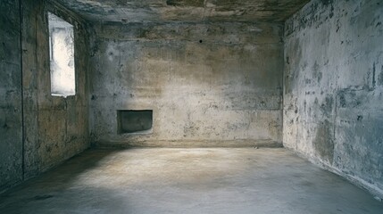 Obraz premium Empty, derelict room with rough concrete walls, a small window letting in dim light, and a damaged alcove.