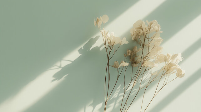 Design made with dried flowers, soft natural light, flat lay，Suitable for environmentally friendly packaging, low-carbon life, congratulatory cards, etc.