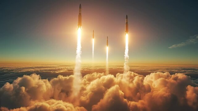 Military rockets ascend through clouds, signifying missile strikes and advanced defense technology

