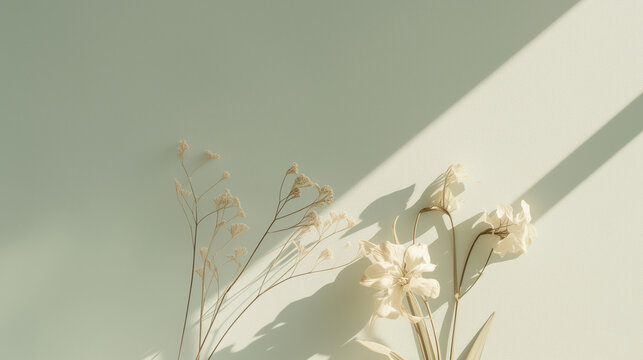 Design made with dried flowers, soft natural light, flat lay，Suitable for environmentally friendly packaging, low-carbon life, congratulatory cards, etc.