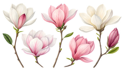 Fototapeta premium Magnolia Blossom: A collection of delicate magnolia blossoms in various stages of bloom, showcasing a range of colors from soft pink to creamy white.