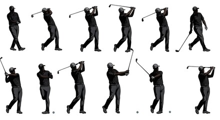 Set of golfing silhouettes in various poses, showing different stages of a swing, against a white background, capturing the sport's dynamic movements.