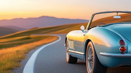 Naklejka premium A vintage convertible car from the 1960s parked on a winding road at sunset