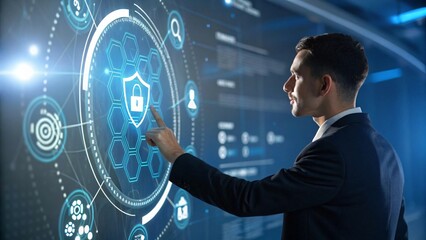 Businessman Interacting with Holographic Interface | Digital Innovation & Smart City Concept