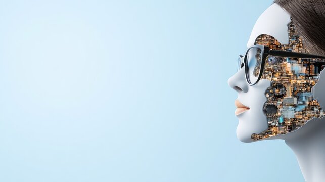 Futuristic woman with cityscape overlay and glasses - Powered by Adobe
