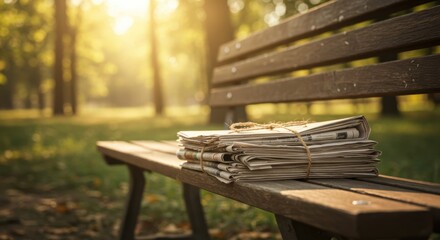 Newspapers Stacked on a Wooden Bench in a Sunny Park Setting