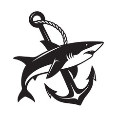 Obraz premium shark with anchor black vector silhouette llustration on white background 
