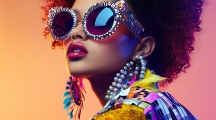 High fashion, cyberpunk, bohemian style fusion: pearl sunglasses, patchwork leather, layered patterns, extravagant accessories, flawless makeup, neutral background