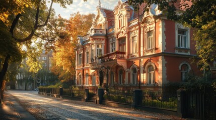 Fototapeta premium Historic victorian mansion in autumn morning light with vibrant foliage