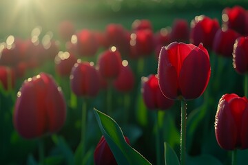 Fototapeta premium Red Tulips Field Sunrise Dew Drops Spring Bloom leaf love plant image green color fresh