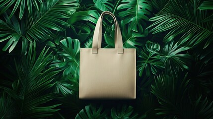 Fashionable beige tote bag mockup on a dark green background, surrounded by lush tropical leaves, creating a vibrant and exotic atmosphere for summer shopping and fashion concepts.