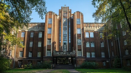 Historic brick university building surrounded by lush greenery under a clear blue sky