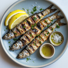 Healthy Mediterranean Grilled Fish: Sardines with Lemon, Fresh Herbs & Olive Oil &ndash; A Vibrant Culinary Presentation for a Gourmet Seafood Experience