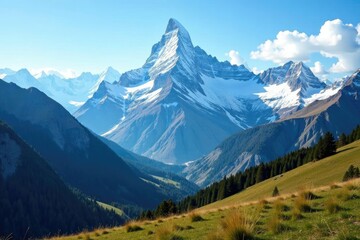 Fototapeta premium Snow-capped peaks rise high above the valley floor, landscape, mountainside