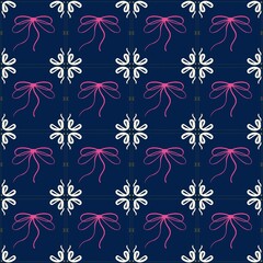 Pink Bow and White Floral Pattern on Dark Blue