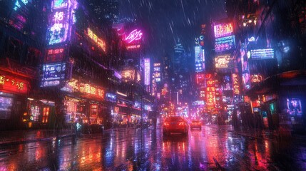 Obraz premium Neon-lit street in rainy city night with vibrant reflections