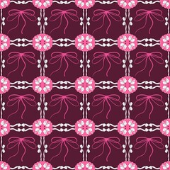Pink Bow and Floral Medallion Pattern on Burgundy 