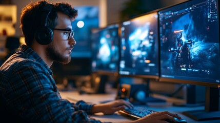 A programmer deeply engaged in testing a video game, using multiple screens in an advanced tech environment