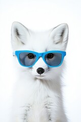 Fototapeta premium Cute Arctic fox wearing blue sunglasses looking playful against a white background, adorable pet fashion, trendy animal portrait, fun summer vibes.