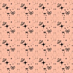 Crown, Bow, and Star Pattern on Peach Background 
