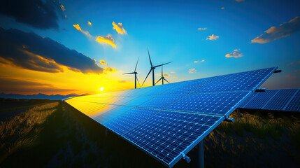 Solar panels with wind turbines at sunset. Clean energy concep. Ai generated.