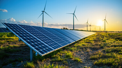 Solar panels with wind turbines. Clean energy concep. Ai generated.