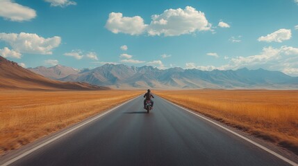 Fototapeta premium Motorcyclist on open road through vast desert with mountain range and blue sky