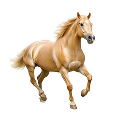Obraz premium a golden horse gallops gracefully showcasing its muscular build and flowing mane against a clean white background. beauty and elegance of majestic animal in motion