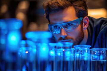 Scientist wearing goggles examines rows of blue-lit test tubes in a laboratory, showcasing research and innovation.