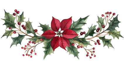 a decorative arrangement featuring vibrant red poinsettias and holly leaves with berries ideal for holiday themes and seasonal decorations